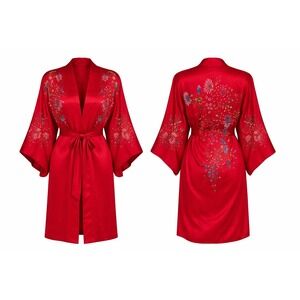 Plum Blossom Silk Kimono Robe Womens S Red Hand Embroidered Floral Bird Vintage